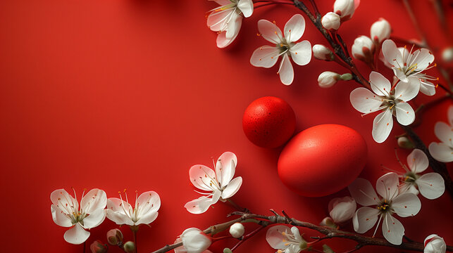 Two vibrant Easter red eggs paired with delicate white cherry blossoms on a striking red background, celebrating spring and renewal.