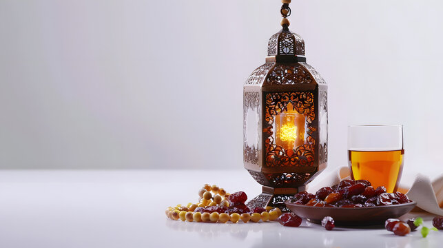Ramadan background design colorful lantern lamp with dates and tasbih isolated on beige background, Islamic concept Ramadan and Eid Mubarak image