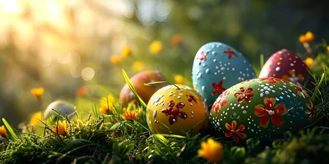 Foto op Aluminium easter eggs on the grass background  © Micro