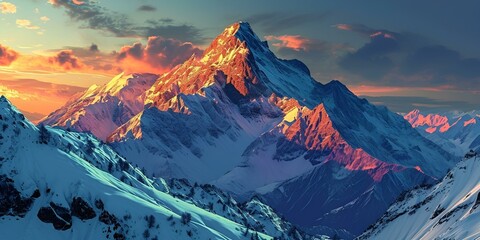 Alpine mountain lit up in a winter sunset. Creative Banner