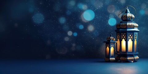 Fototapeta premium The theme of Eid-al-Adha, the Feast of Sacrifice. Image of an Arabic lantern. Place for text. Generative AI