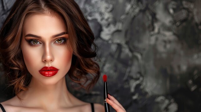 Charming sensual hairdresser female studio photo with copyspace, big beautiful eyes, tender lips, half body photo, professional studio shoot