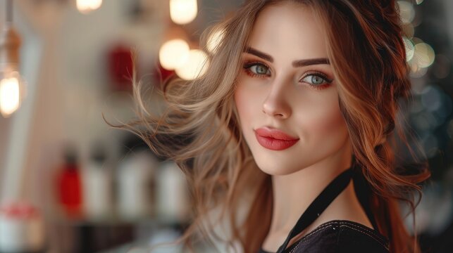 Charming sensual hairdresser female studio photo with copyspace, big beautiful eyes, tender lips, half body photo, professional studio shoot
