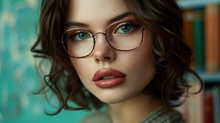 Fototapeta premium Charming sensual librarian female model studio photo with copyspace, big beautiful eyes, tender lips, half body photo, professional studio shoot