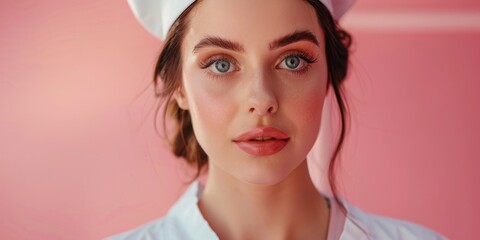 Charming sensual nurse female studio photo on vivid background with copyspace, big beautiful eyes, tender lips, half body photo, professional studio shoot