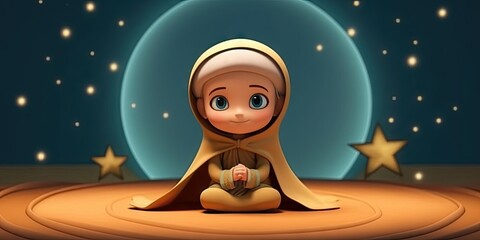 Naklejka premium The theme of Eid-al-Adha, the Feast of Sacrifice. Illustration of a cute Muslim girl in cartoon style. Generative AI