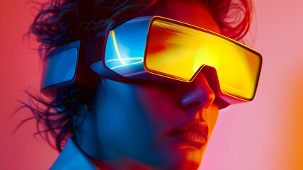 A woman wearing VR google glasses in colourful lighting.