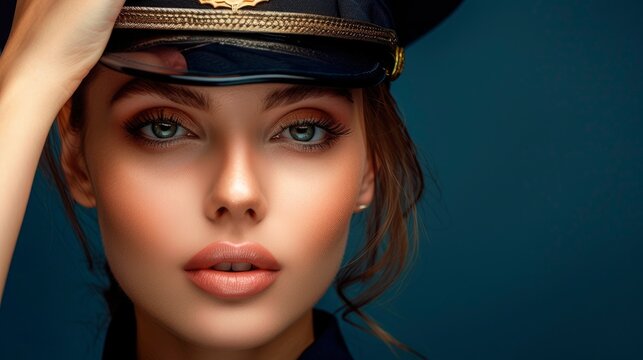 Charming sensual police officer female model studio photo with copyspace, big beautiful eyes, tender lips, half body photo, professional studio shoot