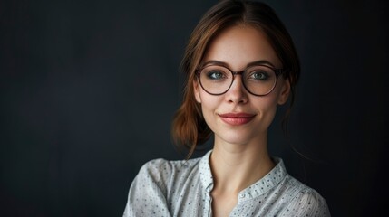 Fototapeta premium Charming sensual teacher female studio photo on vivid background with copyspace, big beautiful eyes, tender lips, half body photo, professional studio shoot 