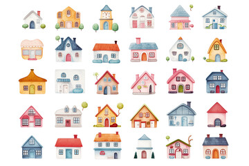 Set of different watercolor colorful houses isolated on white background. Clipart bundle, hand drawn set, tinycore, cute cartoonish design