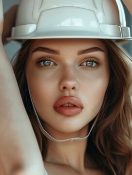 Charming sensual woman in a white construction helmet, beautiful eyes, tender lips, professional photo, studio photoshoot