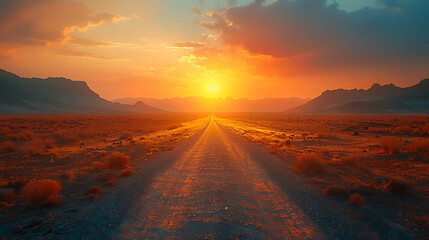  An evocative scene of an open road cutting through a barren desert landscape at sunrise, beckoning adventurers to embark on a journey.