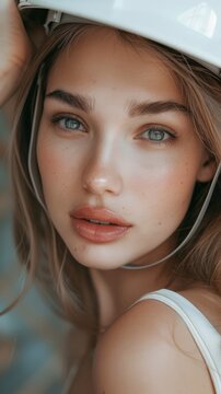 Charming sensual woman in a white construction helmet, beautiful eyes, tender lips, professional portrait photo, studio photo
