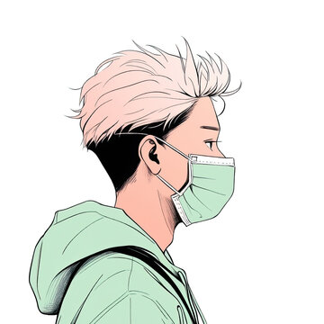 Minimal line illustration profile photo of anime boy wearing flu mask. AI generative profile avatar with minimal background. 