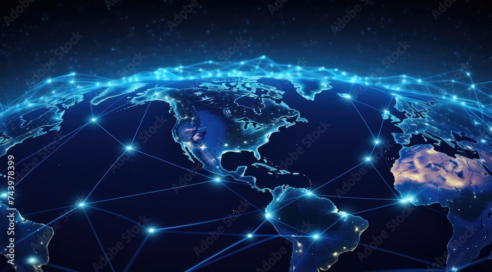 Aufkleber Connecting lines around planet earth, the background of future technology with circles and lines between continents. Internet, social media, travel or logistic concepts.