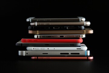 A pile of different smartphones isolated on a black background.