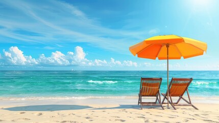 Fototapeta na wymiar Beach chairs and umbrella on a white sandy beach.