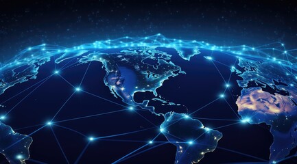 Fototapeta premium Connecting lines around planet earth, the background of future technology with circles and lines between continents. Internet, social media, travel or logistic concepts.