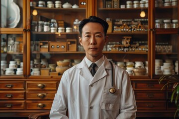 Portrait of doctor in front of traditional chinese medicine cabinet