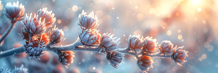 Icy tendrils of frost delicately embracing dormant plants in a winter wonderland, capturing the quiet magic of the season's embrace - obrazy, fototapety, plakaty
