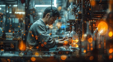 A blue-collar worker toiling in a bustling factory, surrounded by clanging metal and covered in sweat-stained clothing, while the hustle and bustle of the busy street outside fades into the backgroun