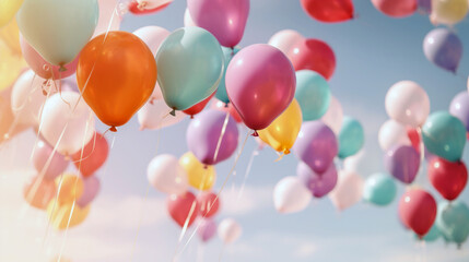 Multi colored balloons on sky background with copy space, Happy Birthday and Party Celebration concept