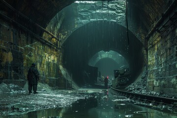 Amidst the echoing walls of a dark cave, people wade through waist-deep water while a rumbling train thunders past, their faces a mix of fear and determination - obrazy, fototapety, plakaty