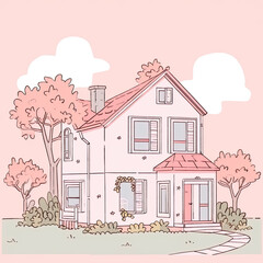 AI Generative of minimal and abstract illustration drawing. Lofi cute and whimsical bedroom. Anime style with pastel color palette.