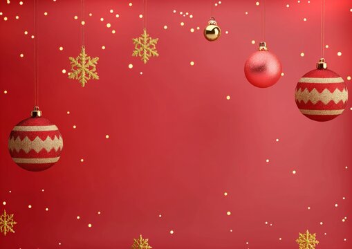Christmas background red gold snowy decorations hanging, in the style of minimalist stage designs, pure color, simple, golden tree, light red and maroon style.