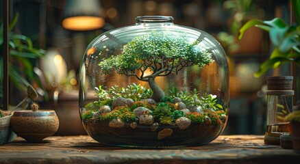 A miniature world captured in a glass jar, where a tree and rocks thrive in an indoor oasis resembling a flowerpot, aquarium, and terrarium all in one - obrazy, fototapety, plakaty