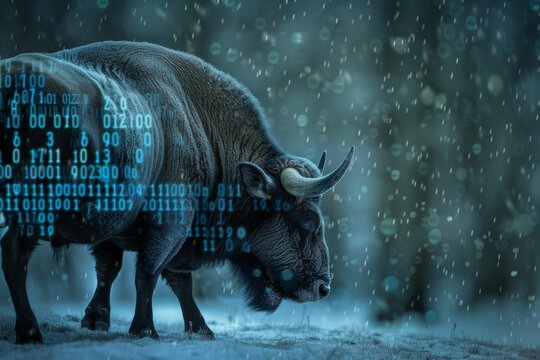 Develop a visual composition highlighting the interplay between binary code and a specific animal