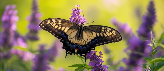 A Papilio glaucus butterfly sits on a vibrant purple flower, showcasing its intricate patterns and colors.