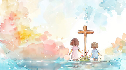 Adorable children illustration in watercolors, christian theme with a cross and 2 children. Easter in about Jesus Christ on the cross and his resurrection.  - obrazy, fototapety, plakaty