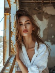 Charming sensual woman on construction site, beautiful eyes, tender lips, half body photo, professional photo