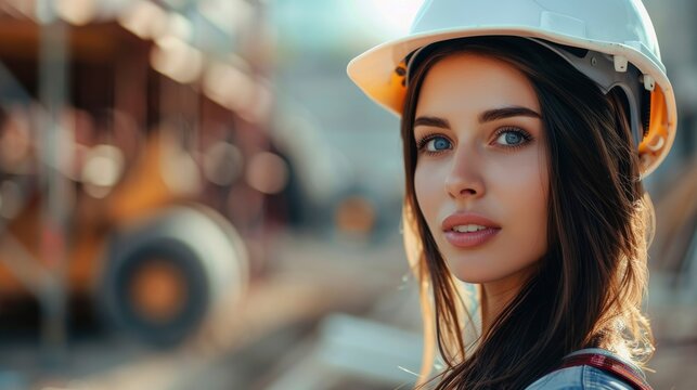Charming sensual woman on construction site banner with copyspace, beautiful eyes, tender lips, half body photo, professional photo