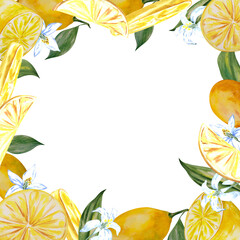 Watercolor frame of lemons on a white background. Can be used to design compositions, cards, decorations, labels.