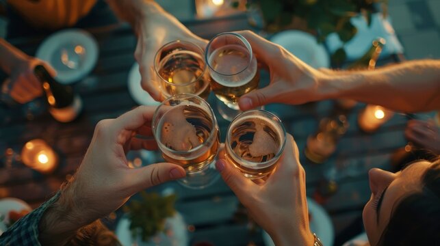 Group of friends toasting wine glasses having fun at restaurant outdoor terrace, close up shoot, top view, professional photo, great atmosphere