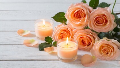 Obraz na płótnie Canvas candles and peach color roses flowers on white wooden background