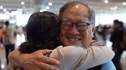 An elderly man closes his eyes in contentment as he shares a tight, loving embrace with a family member in the busy terminal of an airport.