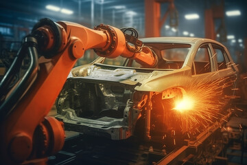 Automated Robotic arms line welding assembly car working at futuristic factory, industrial robots in automotive factory industry factory automation car manufacturing. Robot arm high tech. ai generated