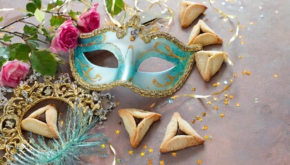 happy purim carnival decoration concept made from mask and sparkle star and hamantaschen cookies on pastel background happy purim in hebrew jewish holiday celebrate