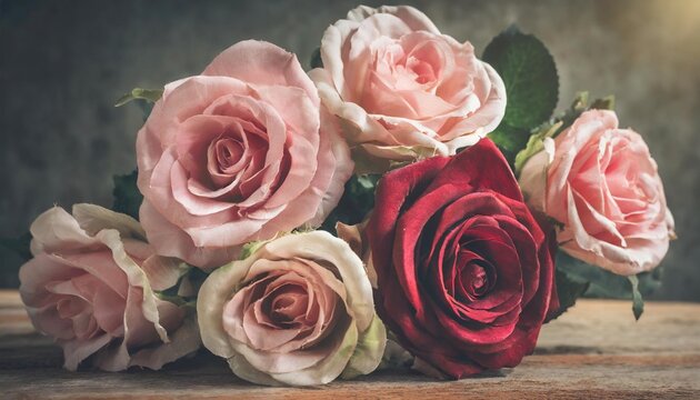 bouquet of pink and red fabric roses soft and romantic vintage filter looking like an old painting flowers still life