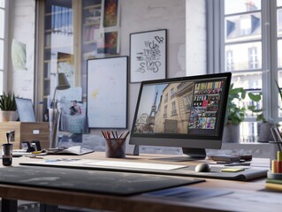 A graphic designer's workspace with a drawing tablet and computer monitor