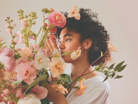 Cute young woman smelling a beautiful bouquet of flowers in a floral design studio