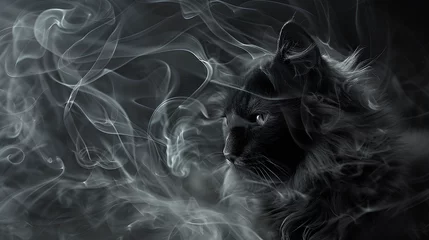 Fototapete Rund Portrait of a black cat in smoke ,Image of a cat face with fire smoke on black background Pet Animals Illustration  © sania