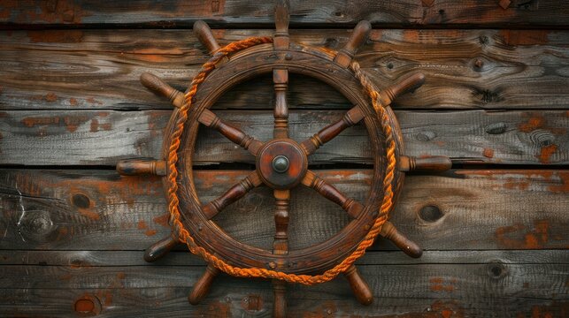 brown wooden steering wheel and orange rope over a wooden background, capturing the essence of maritime adventure and rustic charm.