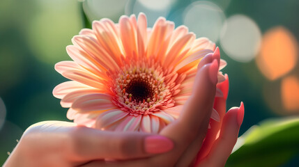 Close-up of a woman's hand holding a blooming flower for Women's Day greeting cards, presentation or background. A left hand of a white woman is holding an orange daisy flower on blurred background.