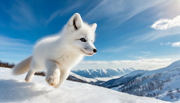 the background is a winter snowscape beautiful sky and clouds and the cute white baby arctic fox bathed in the gentle sunshine jumping and playing is cute