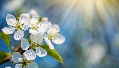 beautiful soft focus white spring flowers on a blurred blue spring background