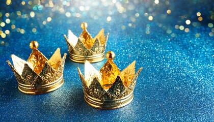 epiphany day or dia de reyes magos concept three gold crowns on blue sparkling background